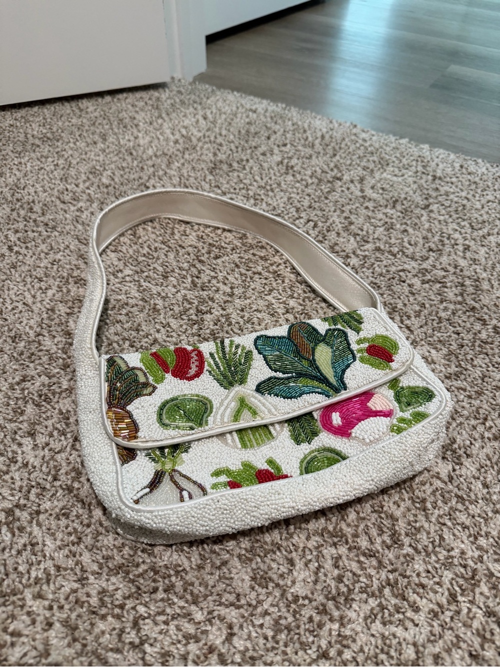 Embroidered Beaded Shoulder Bag in White